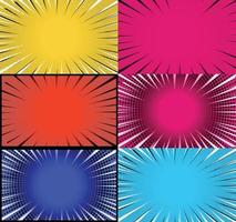 Comic book colorful frames background with halftone rays radial and dotted effects pop art style vector