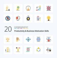 20 habilidades de productividad y motivación empresarial paquete de iconos de color plano como trabajo descanso enfoque detener medios de trabajo vector