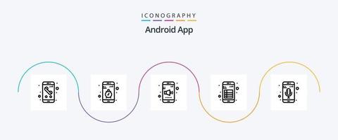 paquete de iconos de la línea 5 de la aplicación de Android que incluye una nota. libro. teléfono inteligente aplicación sonido vector