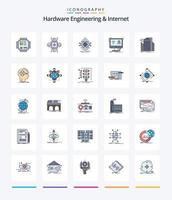 ingeniería de hardware creativa y paquete de iconos rellenos de 25 líneas de Internet, como sensor. edificios ciencia. elegante. monitor vector