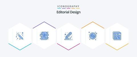 Editorial Design 25 Blue icon pack including creative. view. document. target. focus vector