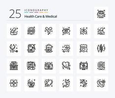 Health Care And Medical 25 Line icon pack including medical. health. pills. care. eye health vector