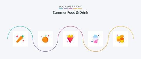 Summer Food and Drink Flat 5 Icon Pack Including sweet. honey. french fries. bees. juice vector