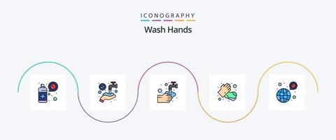 Wash Hands Line Filled Flat 5 Icon Pack Including worldwide. medical. hands. hands. bubble vector