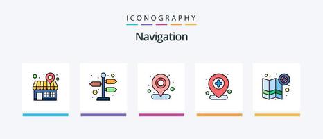 la línea de navegación llenó el paquete de 5 iconos, incluido el pin. pasador de mapa mundo. comercio. DIRECCIÓN. diseño de iconos creativos vector