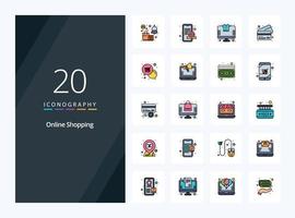 20 icono lleno de línea de compras en línea para presentación vector