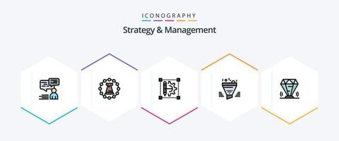 paquete de iconos de estrategia y gestión de 25 líneas completas que incluye la herramienta. embudo. torre. filtrar. impresora de ruedas dentadas vector