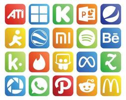 Paquete de 20 íconos de redes sociales que incluye whatsapp zootool spotify facebook slideshare vector