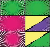 Comic book colorful frames background with halftone rays radial and dotted effects pop art style vector