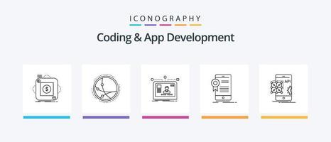 paquete de iconos de línea 5 de codificación y desarrollo de aplicaciones que incluye computadora. aplicación lanzadera. entretenimiento. juego de azar. diseño de iconos creativos vector