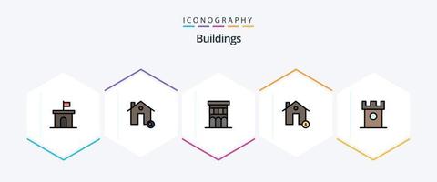 paquete de iconos de 25 líneas completas de edificios, incluido el dólar. edificios casa. residencia. casa vector