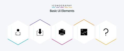 paquete de iconos de 25 glifos de elementos básicos de la interfaz de usuario, incluida la marca. pregunta. impreso. ayuda. imagen vector