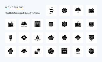 25 tecnología de datos en la nube y paquete de iconos de glifo sólido de tecnología de red vector