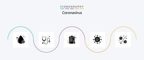 paquete de iconos de glifo 5 de coronavirus que incluye bacteria. programa malicioso droga. infección. papel vector