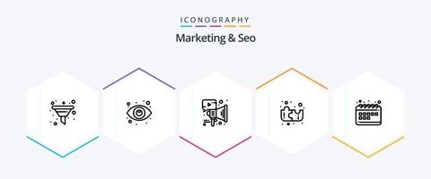paquete de iconos de 25 líneas de marketing y seo que incluye marketing. cronograma. publicidad. estrategia. educación vector