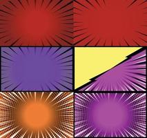 Comic book colorful frames background with halftone rays radial and dotted effects pop art style vector