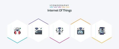 Internet de las cosas paquete de iconos de 25 líneas completas que incluye dispositivos móviles. tecnología. transporte. elegante. elegante vector