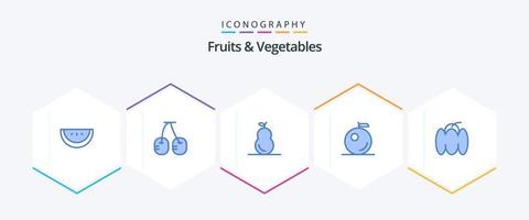 Paquete de 25 íconos azules de frutas y verduras que incluye . fruta. . pimienta vector