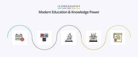 la línea de alimentación de educación y conocimiento moderno llenó el paquete de iconos planos 5 que incluye el certificado. laboratorio. conocimiento. prueba. zoom vector