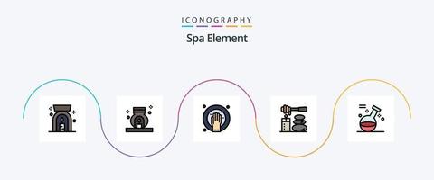 paquete de iconos de 5 planos llenos de línea de elementos de spa que incluye poción. elemento. remojo a mano. piedras relajarse vector