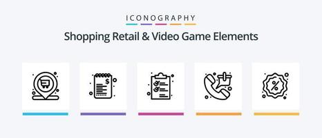 Shoping Retail And Video Game Elements Line 5 Icon Pack Including shop. spacecraft. document. shuttle. guidelines. Creative Icons Design vector