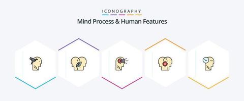proceso mental y características humanas Paquete de iconos de 25 líneas completas que incluye la mente. configuración. cognitivo. mente. cerebro vector