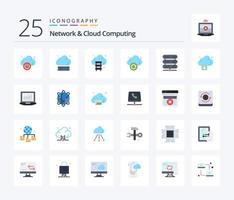 paquete de iconos de 25 colores planos de red y computación en la nube que incluye descarga. nube. actualizar. almacenamiento. datos vector