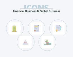 negocios financieros y negocios globales paquete de iconos planos 5 diseño de iconos. certificado. presentación. edificio informe. página vector