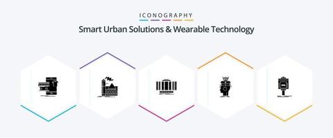 Soluciones urbanas inteligentes y paquete de iconos de 25 glifos de tecnología portátil, incluido el cerebro. vigilancia alerta. tecnología. eje vector