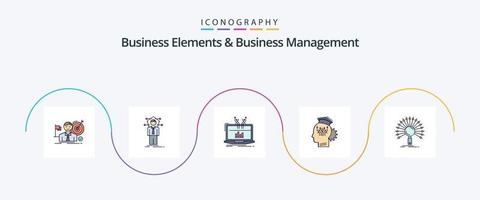 Business Elements And Business Managment Line Filled Flat 5 Icon Pack Including sharing. knowledge. network. platform. management vector