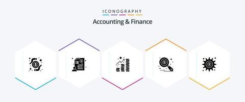 Accounting And Finance 25 Glyph icon pack including gear. tax monitoring. income. data analysis. research vector