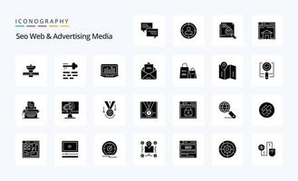 paquete de iconos de glifo sólido de 25 medios publicitarios y web seo vector