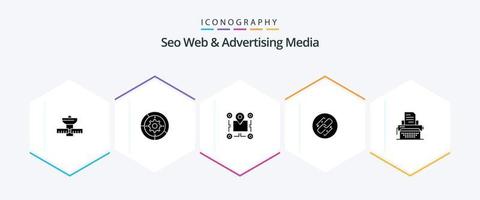 seo web y medios publicitarios paquete de iconos de 25 glifos que incluye cadena. motor. puntero. chip vector