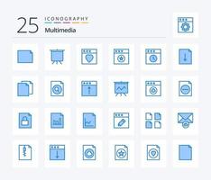 paquete de iconos multimedia de 25 colores azules que incluye duplicado. Copiar. Mac. exportar. documento vector