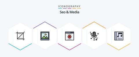 seo y media 25 paquete de iconos de línea completa que incluye . medios de comunicación. SEO álbum. micrófono vector