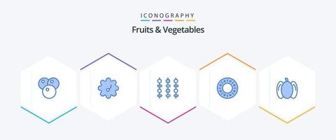 Paquete de 25 íconos azules de frutas y verduras que incluye . . verduras. verduras. alimento vector