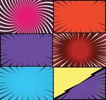 Comic book colorful frames background with halftone rays radial and dotted effects pop art style vector