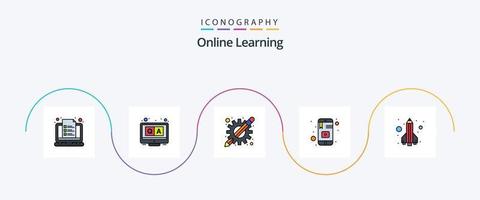 Online Learning Line Filled Flat 5 Icon Pack Including study. mobile. qa. learning. learning apps vector