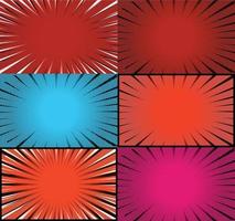 Comic book colorful frames background with halftone rays radial and dotted effects pop art style vector