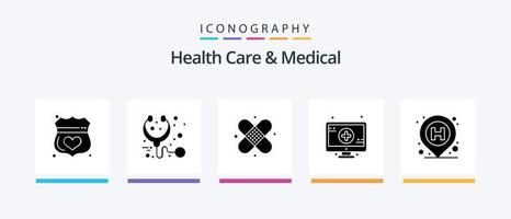 Health Care And Medical Glyph 5 Icon Pack Including location. sign. stethoscope. monitor. plaster. Creative Icons Design vector