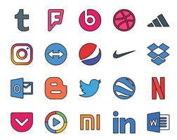 Paquete de 20 íconos de redes sociales que incluye Windows Media Player Netflix Nike Google Earth Twitter vector