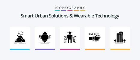 soluciones urbanas inteligentes y paquete de iconos de glifo 5 de tecnología portátil que incluye fitness. supervisión. computadora. ciencia. datos. diseño de iconos creativos vector