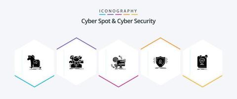 Cyber Spot And Cyber Security 25 Glyph icon pack including protection. defence. team. security. monitoring vector