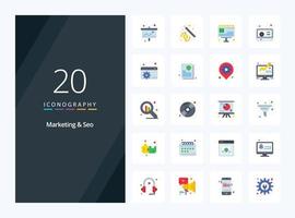20 icono de color plano de marketing y seo para presentación vector