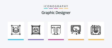 paquete de iconos de línea 5 de diseñador gráfico que incluye ilustraciones. herramienta. varios texto. página. diseño de iconos creativos vector