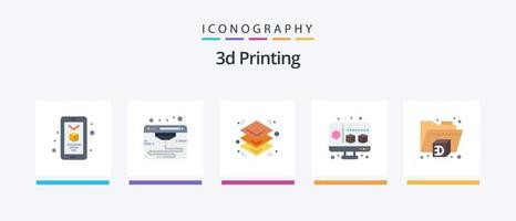 Paquete de 5 iconos planos de impresión 3d que incluye carpeta. 3d. altura. computadora. cubo. diseño de iconos creativos vector