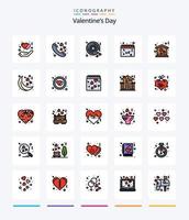 paquete de iconos llenos de 25 líneas del día de san valentín creativo, como la casa. san valentin disco. amar. calendario vector