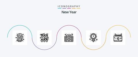 paquete de iconos de la línea 5 de año nuevo que incluye calendario. tiempo. música. Año Nuevo. reloj vector