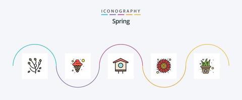 paquete de iconos de 5 planos llenos de línea de primavera que incluye maceta. jardín. pájaro. flores sol vector