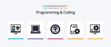 Programming And Coding Line Filled 5 Icon Pack Including develop. cloud. programmer. search. development. Creative Icons Design vector